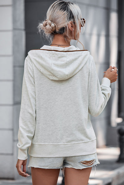 Beige Drawstring Kangaroo Pocket Henley Hoodie-Tops-MomFashion