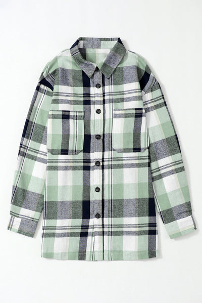 Green Plaid Button Up Patch Pocket Shirt-Tops-MomFashion