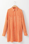 Orange Crinkled Dual Chest Pocket Oversized Shirt Dress-Dresses-MomFashion