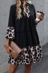 Black Leopard Trim V Neck Ruffled Sleeve Flared Dress-Dresses-MomFashion