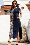 Black Contrast Solid Leopard Short Sleeve T-shirt Dress with Slits-Dresses-MomFashion