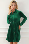 Green Long Sleeve Ruffle Velvet Button Up Dress-Dresses-MomFashion