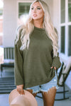 Green Waffle Knit High Slits Oversized Top-Tops-MomFashion