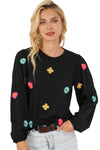 Black Floral Embroidered Puff Sleeve Top-Tops-MomFashion