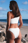 White Crinkle Textured Asymmetric One Shoulder Bikini Swimsuit-Swimwear-MomFashion