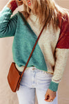 Multicolor Colorblock Ribbed Trim Round Neck Sweater-Tops-MomFashion