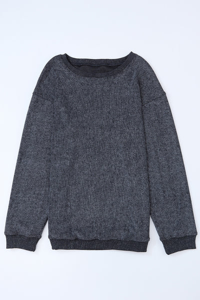 Gray Solid Ribbed Knit Round Neck Pullover Sweatshirt-Tops-MomFashion