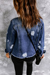 Blue Lapel Distressed Raw Hem Buttons Denim Jacket-Outerwear-MomFashion