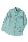 Mist Green Frayed Trim Riveted Denim Jacket-Outerwear-MomFashion