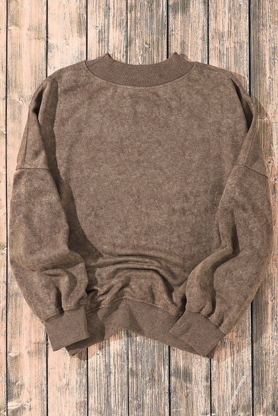 Brown Drop Shoulder Crew Neck Pullover Sweatshirt-Tops-MomFashion