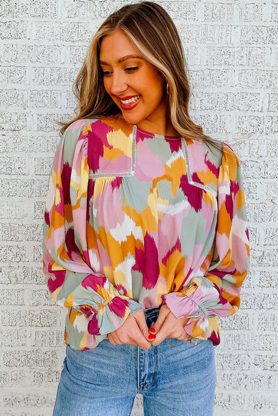 Multicolor Abstract Printed Long Sleeve Blouse-Tops-MomFashion