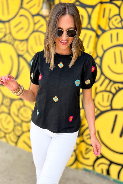 Black Embroidered Flower Short Puff Sleeve Tee-Tops-MomFashion