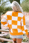 Orange Checkered Bishop Sleeve Sweater-Tops-MomFashion