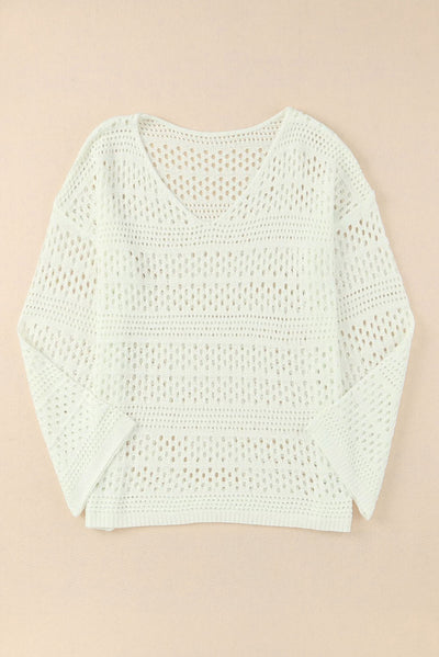 White Hollow Out Crochet V Neck Pullover Sweater-Swimwear-MomFashion