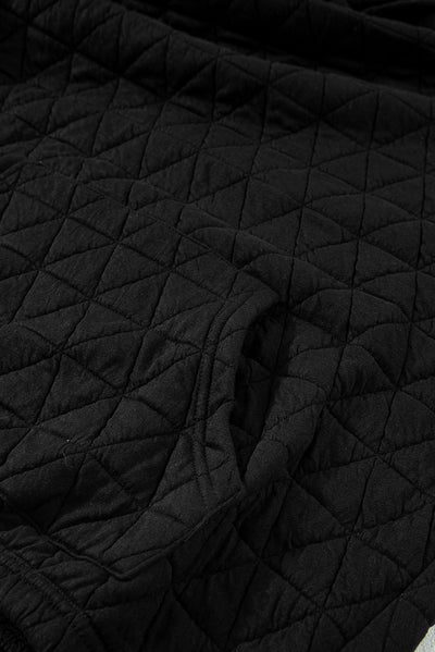 Black Solid Color Quilted Kangaroo Pocket Hoodie-Tops-MomFashion