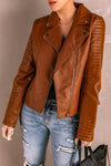 Brown Ribbed Seam Detail Faux Leather Zipped Motorcycle Jacket-Outerwear-MomFashion