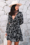 Black V Neck Baggy Sleeve Waist Tie Double Layer Ruffle Hem Floral Print Short Dress-Dresses-MomFashion