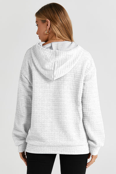 White Quilted Kangaroo Pocket Drawstring Hoodie-Tops-MomFashion