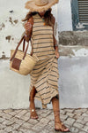 Khaki Stripe Print Open Back Sleeveless Maxi Dress with Slits-Dresses-MomFashion