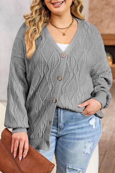 Gray Plus Size Knitted Hollow out Button up Cardigan-Plus Size-MomFashion