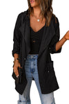 Black Drawstring Turndown Collar Hooded Outerwear-Outerwear-MomFashion