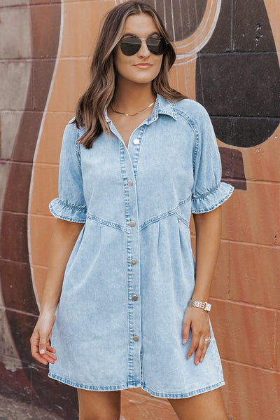 Beau Blue Mineral Wash Ruffled Short Sleeve Buttoned Denim Dress-Dresses-MomFashion