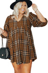 Brown Printed Plaid V Neck Plus Size Babydoll Dress-Plus Size-MomFashion