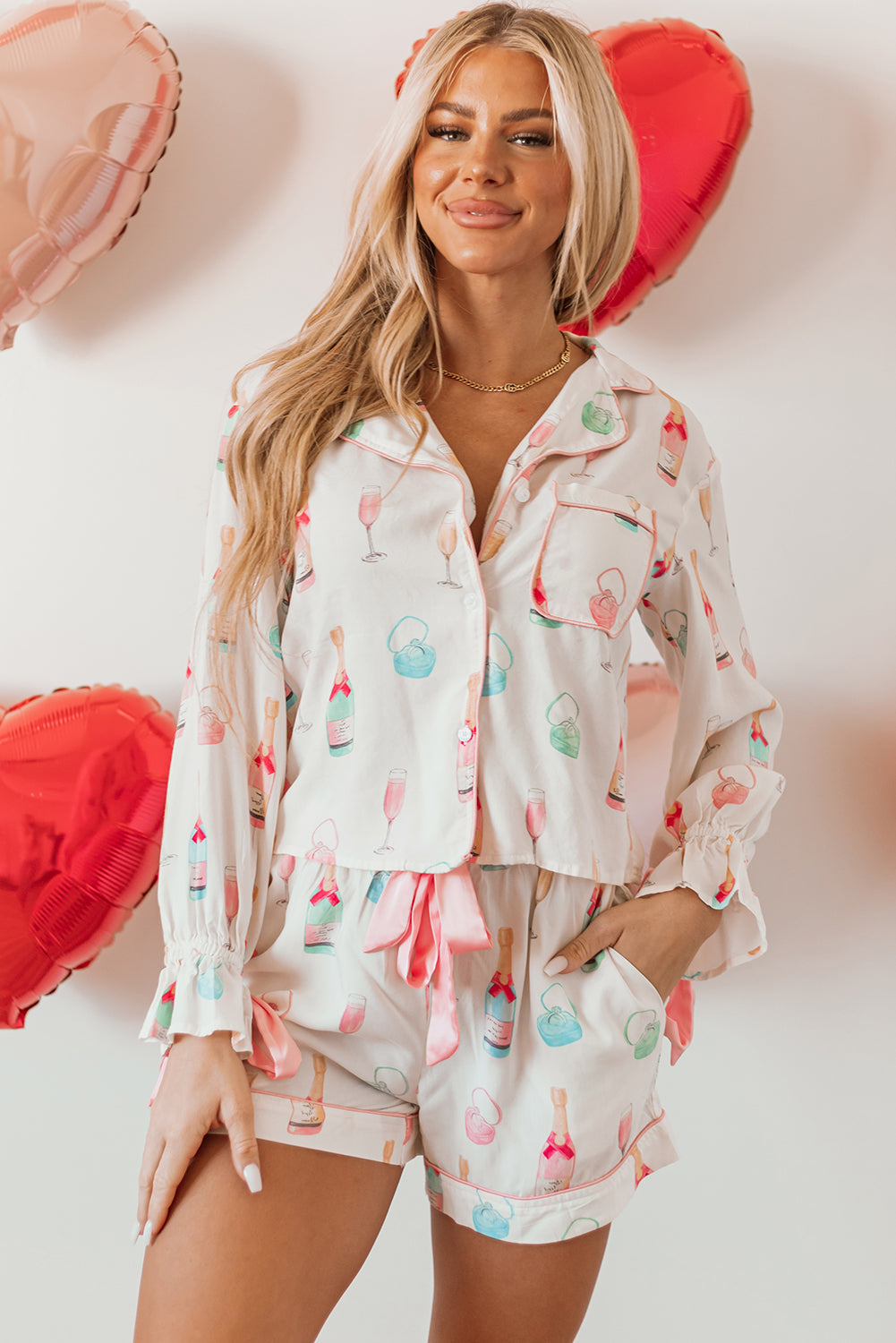 White Christmas Wine Glass Print Bow Knot Two Piece Pajama Set-Loungewear & Sleepwear/Sleepwear-MomFashion