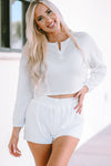 White Waffle Knit Buttoned Long Sleeve Crop and Shorts Lounge Set-Loungewear-MomFashion