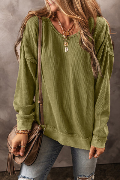 Jungle Green Textured Seamed Drop Sleeve Sweatshirt-Tops-MomFashion