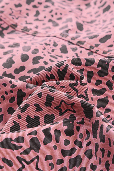 Pink Stars & Animal Spots Print Button Up Denim Shacket-Outerwear-MomFashion