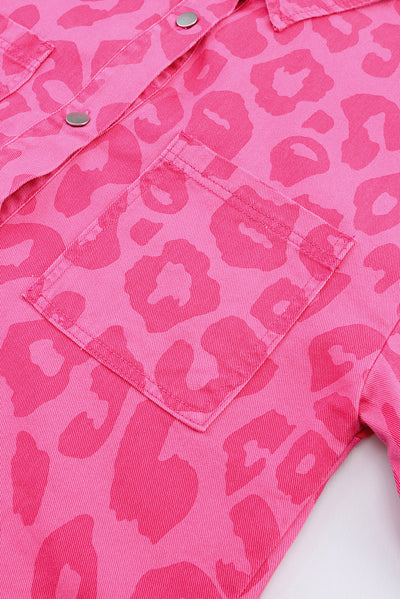 Pink Leopard Print Button Cuffs Raw Hem Jacket-Outerwear-MomFashion