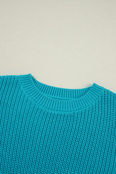 Turquoise Ruffled Eyelet Bubble Sleeve Sweater-Sweaters & Cardigans/Sweaters-MomFashion