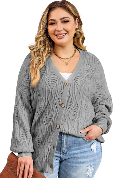 Gray Plus Size Knitted Hollow out Button up Cardigan-Plus Size-MomFashion