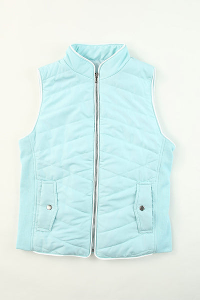 Sky Blue Zip-up Side Pockets Puffer Vest-Outerwear-MomFashion