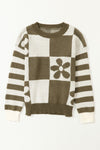 Green Checkered Floral Print Striped Sleeve Sweater-Tops-MomFashion