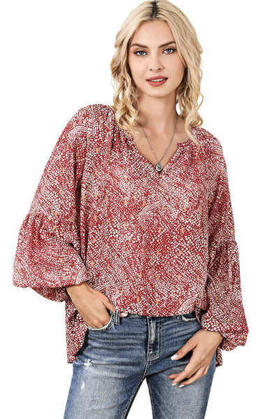 Fiery Red Pleated Lantern Sleeve Abstract Print Blouse-Tops-MomFashion