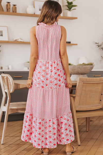 Pink Abstract Print Split Neck Sleeveless Maxi Dress-Dresses-MomFashion