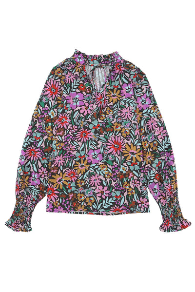 Multicolor Floral Print Ruffled Long Sleeve V-Neck Blouse-Tops-MomFashion