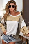 Khaki Exposed Seam Color Block Patchwork Top-Tops-MomFashion