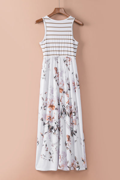 White Striped Floral Print Sleeveless Maxi Dress with Pocket-Dresses-MomFashion