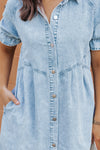 Beau Blue Mineral Wash Ruffled Short Sleeve Buttoned Denim Dress-Dresses-MomFashion