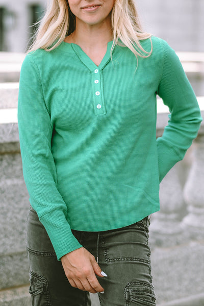 Green Trimmed Neckline Waffle Knit Henley Top-Tops-MomFashion