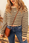 Light French Beige Striped Knit Drop Shoulder Crewneck Cropped Sweater-Tops-MomFashion