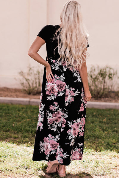 Black Contrast Floral Empire Waist Maxi Dress-Dresses-MomFashion