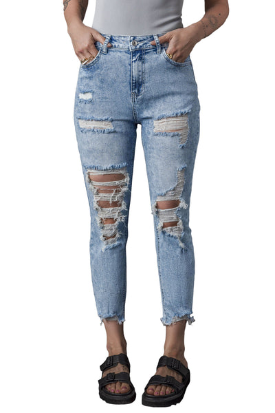 Sky Blue Acid Wash Distressed Slim Fit Jeans-Bottoms-MomFashion