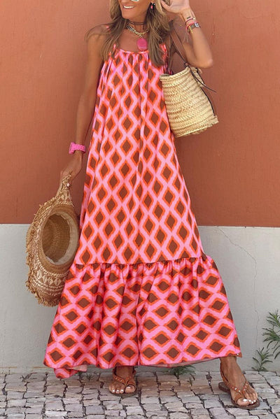 Fiery Red Geometric Print Loose Fit Sleeveless Maxi Dress-Dresses-MomFashion