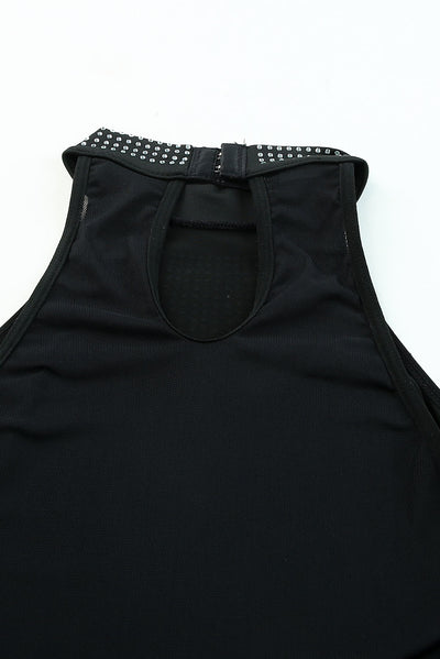 Black High Neck Sleeveless Diamante Bodysuit-Tops-MomFashion