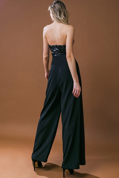 Black Sequin Tube Top Wide Leg Jumpsuit-Bottoms-MomFashion