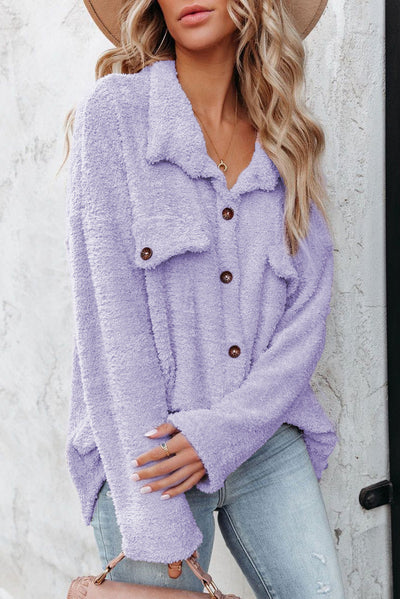 Purple Plush Button Down Pocketed Shirt Jacket-Outerwear-MomFashion